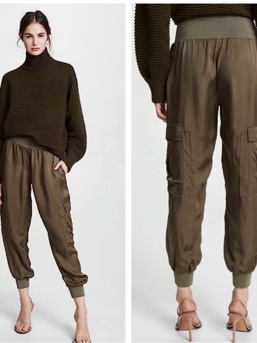 NWT Cinq a Sept Tous Les Jours Giles Satin Jogger Pants Olive Green Cargo size M